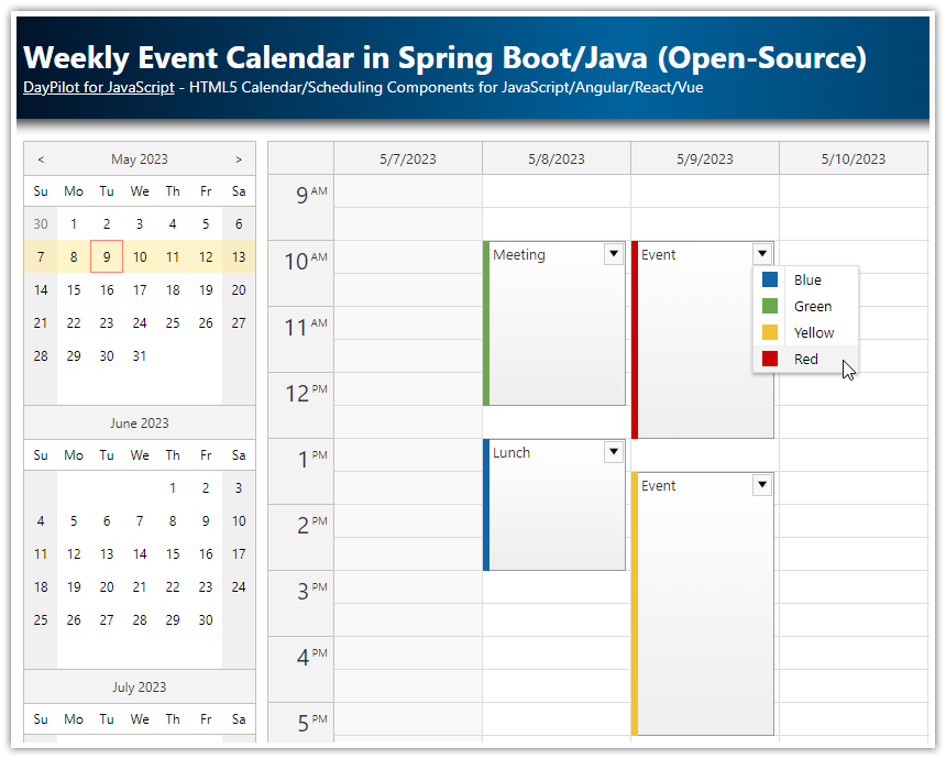 Spring Boot Weekly Calendar