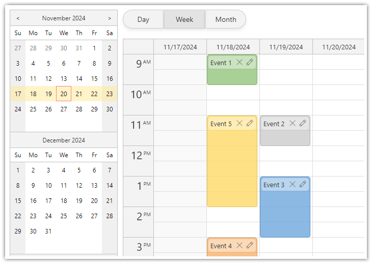 Vue Calendar with Day/Week/Month Views